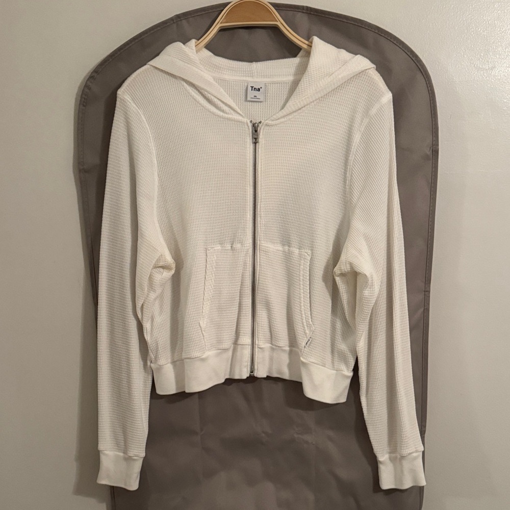 Aritzia White Waffle Knit Zip-Up Hoodie